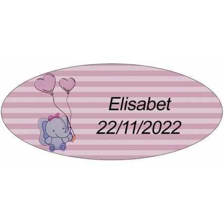 Adesivo de elefante rosa oval personalizado para batismo