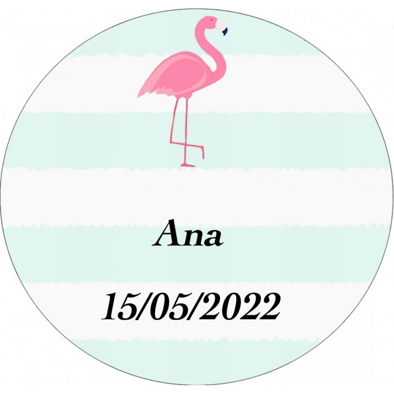 Adesivo de flamenco redondo personalizado com nome e data