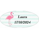 Adesivo oval personalizado de flamingo com nome e data