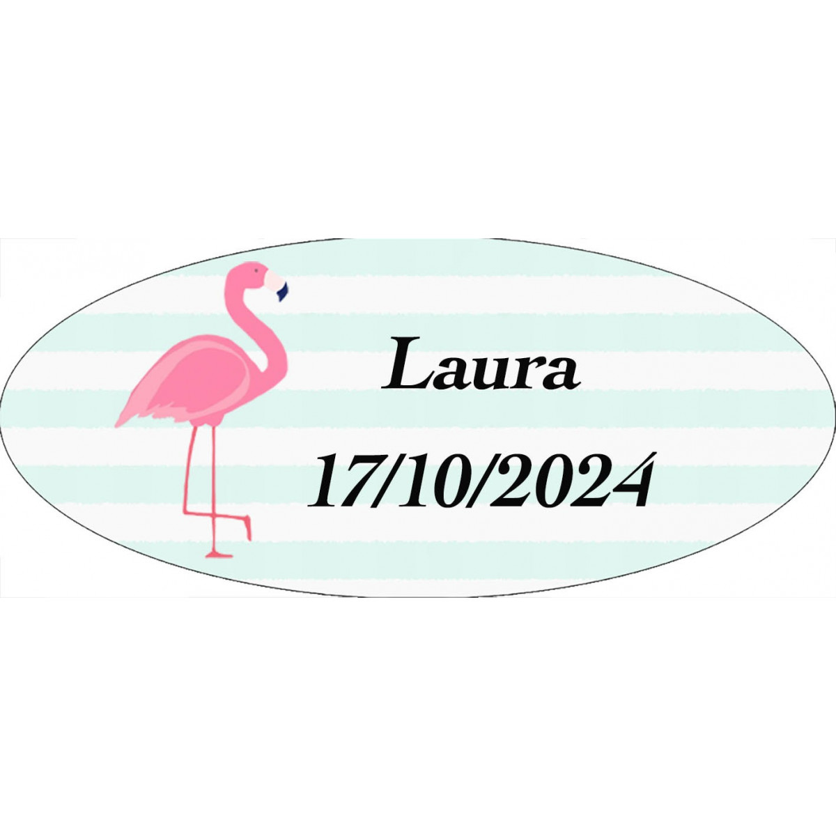 Adesivo oval personalizado de flamingo com nome e data