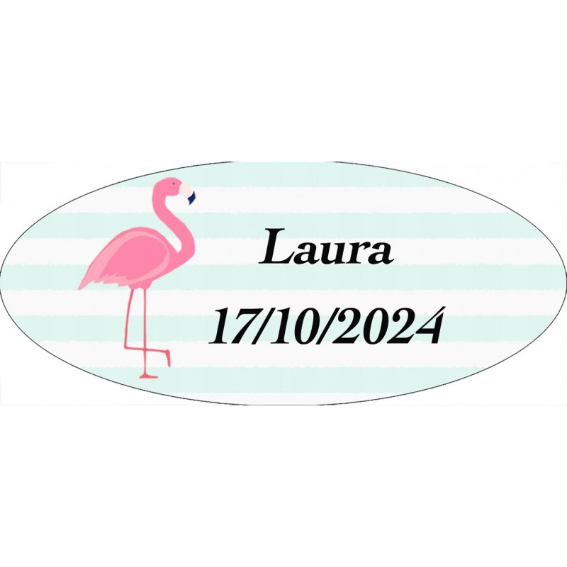 Adesivo oval personalizado de flamingo com nome e data