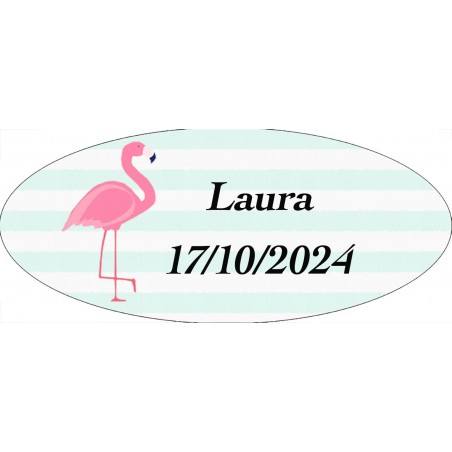 Adesivo de flamenco oval personalizado com nome e data