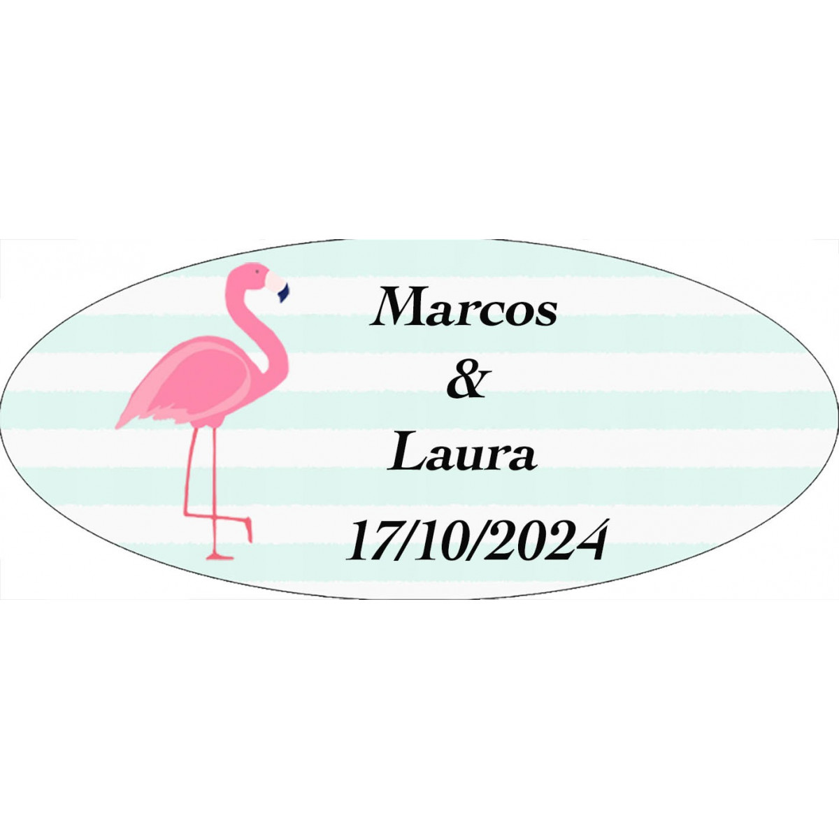 Adesivo oval personalizado de flamingo para casamentos