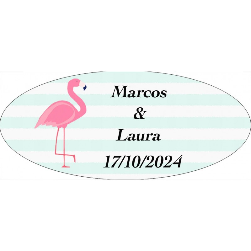 Adesivo oval personalizado de flamingo para casamentos