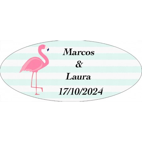 Adesivo oval personalizado de flamingo para casamentos