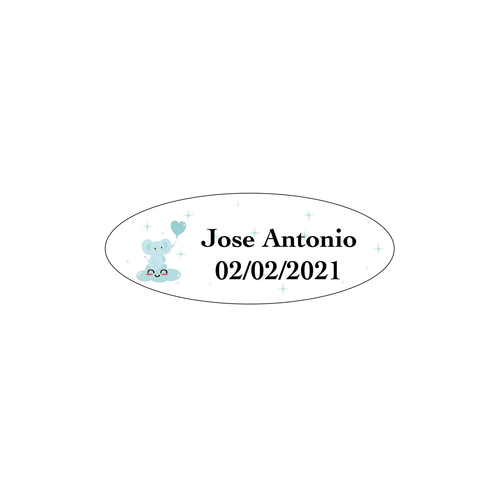 Adesivo oval personalizado de elefante azul para batismo