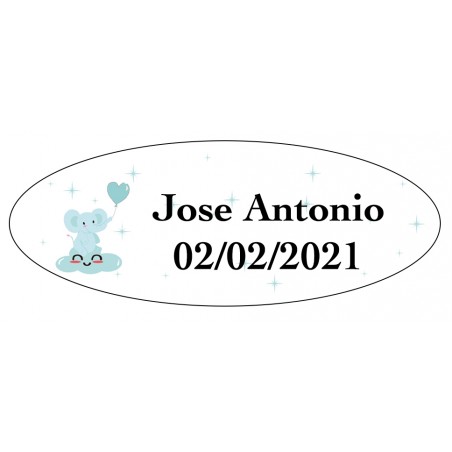 Adesivo de elefante azul oval personalizado para batismo