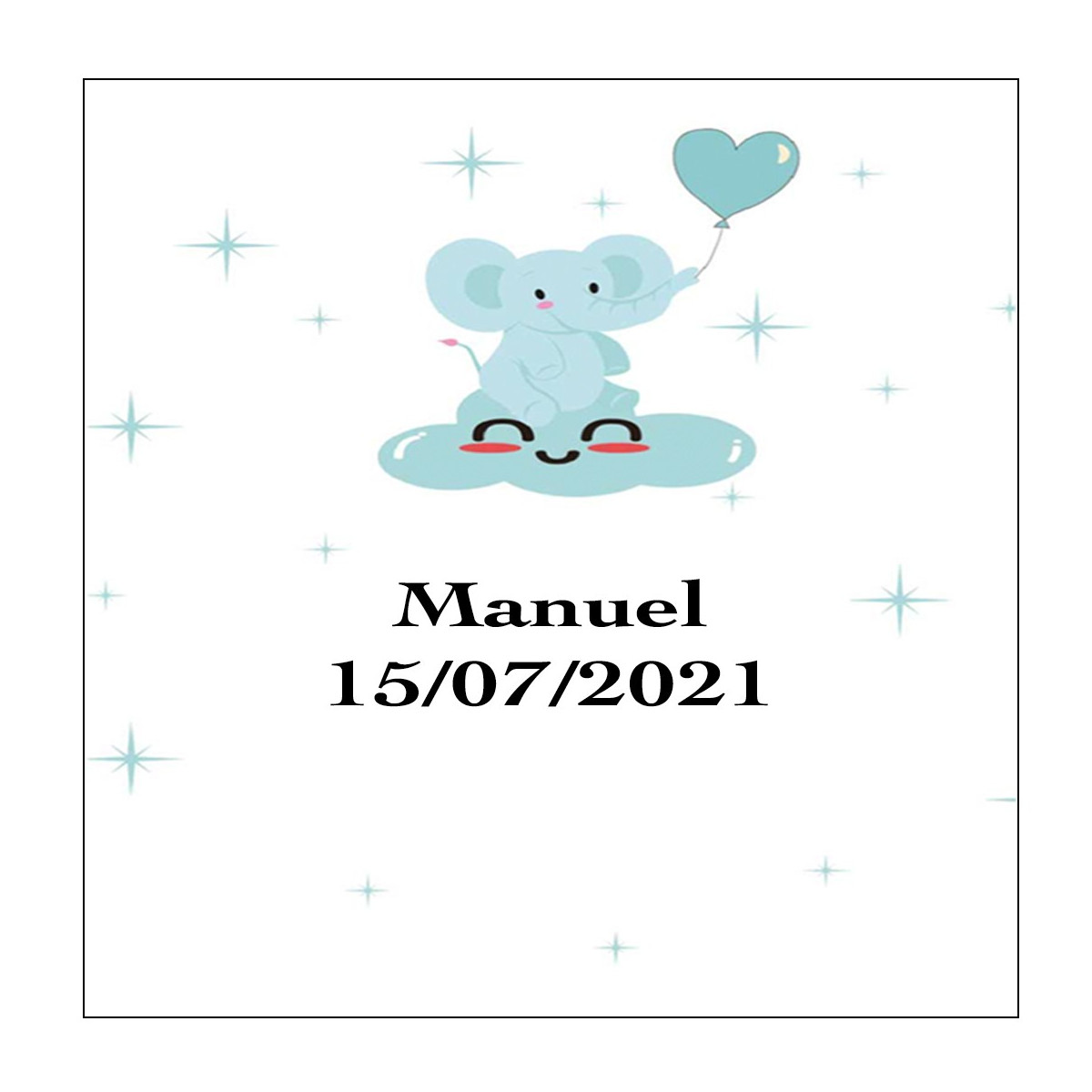 Adesivo personalizado de elefante azul quadrado para batismo
