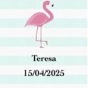 Adesivo quadrado personalizado de flamingo com nome e data para casamentos, batizados, comunhões, aniversários e empresas.