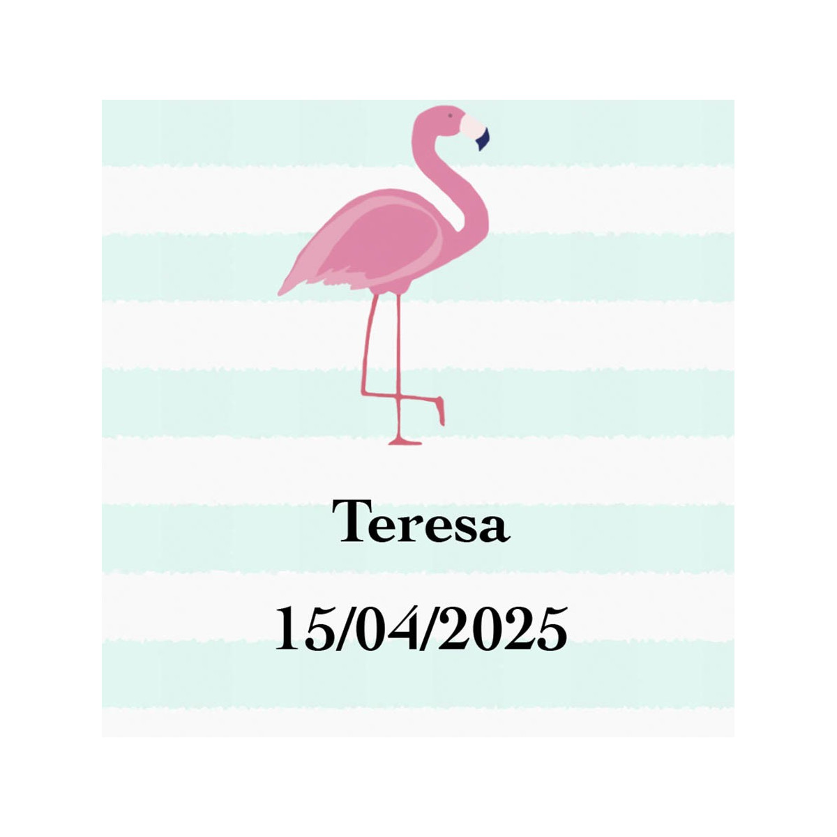 Adesivo quadrado personalizado de flamingo com nome e data para casamentos, batizados, comunhões, aniversários e empresas.