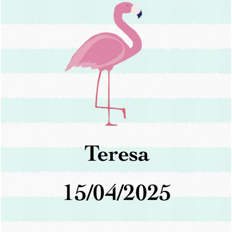 Adesivo quadrado personalizado de flamingo com nome e data para casamentos, batizados, comunhões, aniversários e empresas.