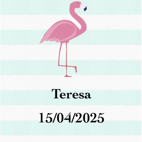 Adesivo quadrado personalizado de flamingo com nome e data para casamentos, batizados, comunhões, aniversários e empresas.