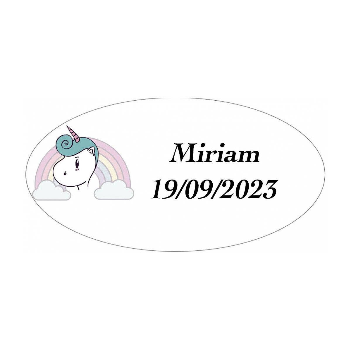 Adesivo de unicórnio arco íris oval personalizado com nome e data
