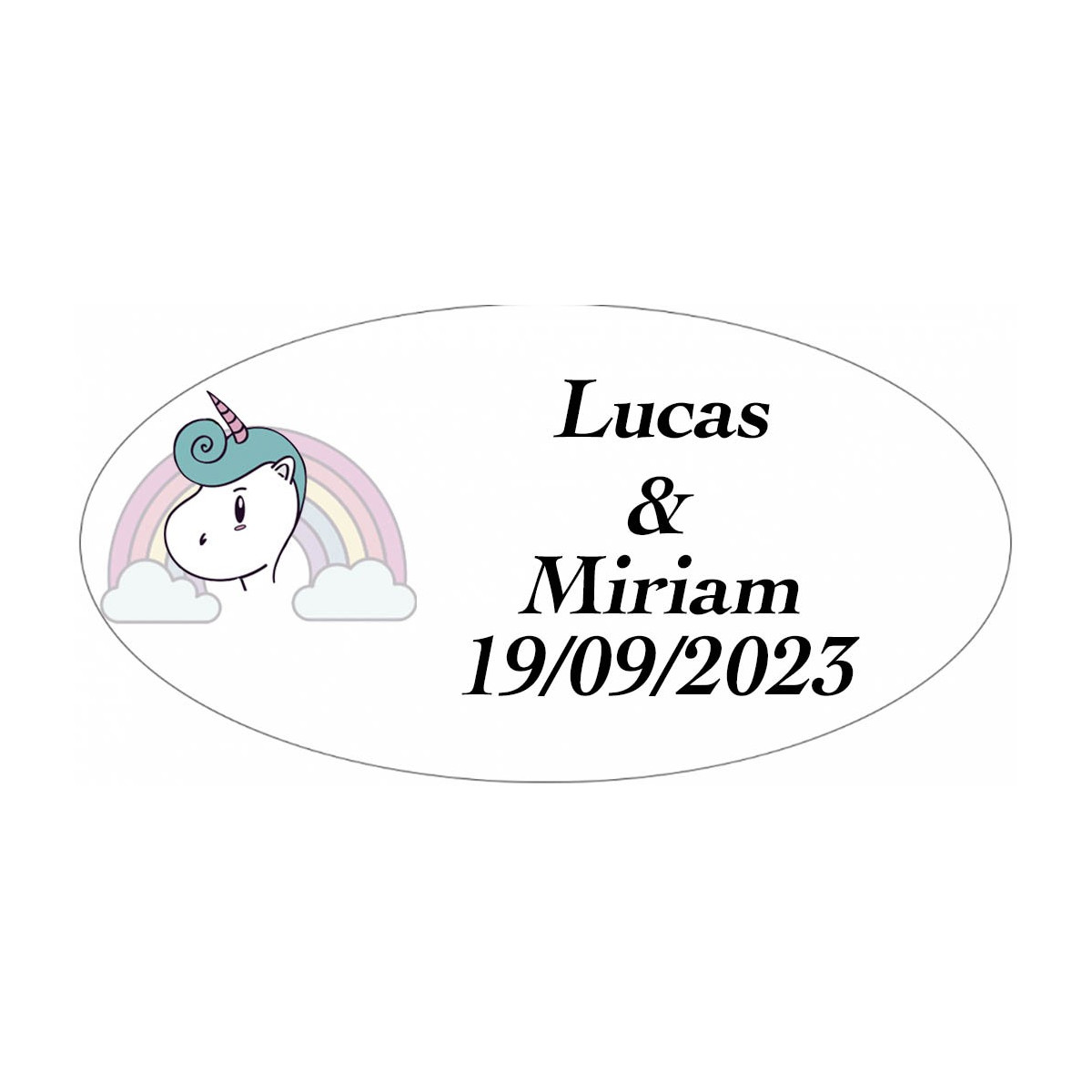 Adesivo de casamento unicórnio arco-íris oval personalizado
