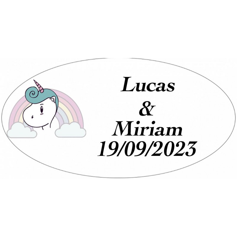 Adesivo de casamento unicórnio arco-íris oval personalizado
