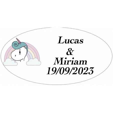 Adesivo de casamento unicórnio arco-íris oval personalizado