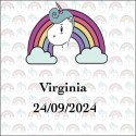 Adesivo quadrado personalizado de unicórnio arco-íris com nome e data para casamentos, batizados, aniversários, comunhões e