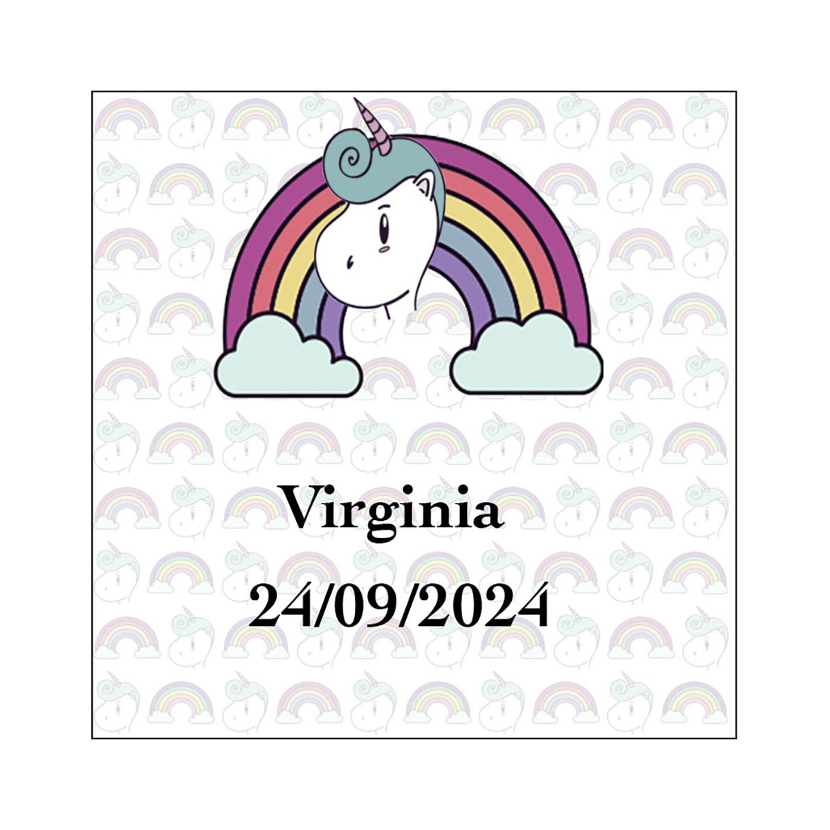 Adesivo quadrado personalizado de unicórnio arco-íris com nome e data para casamentos, batizados, aniversários, comunhões e