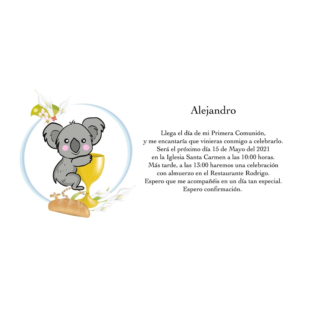 Convite de coalas personalizado para comunhão