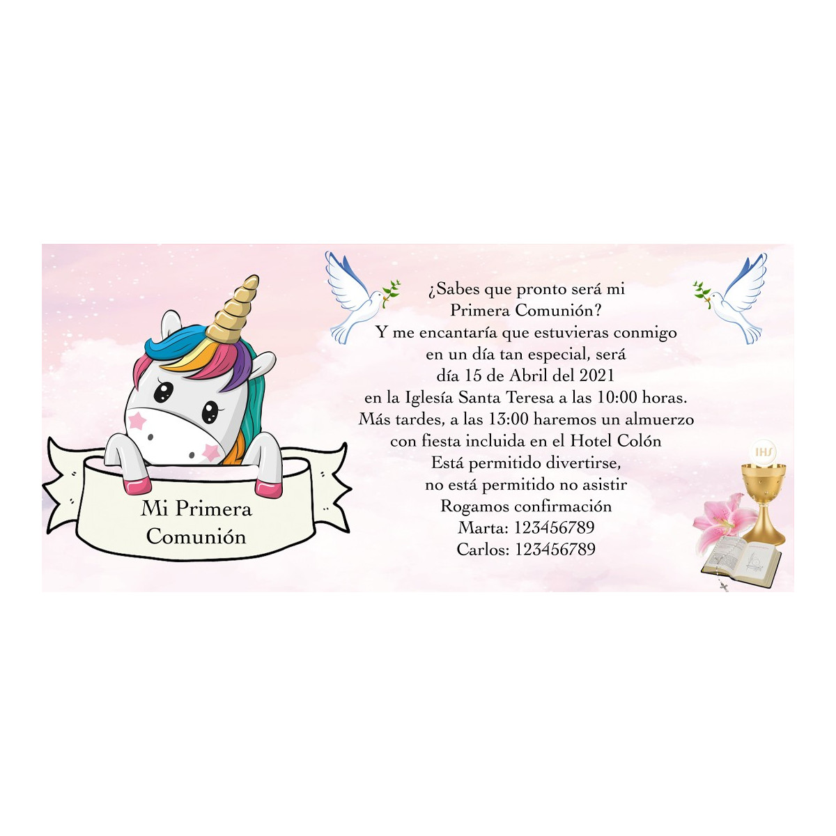 Convite de unicórnio para comunhão personalizado
