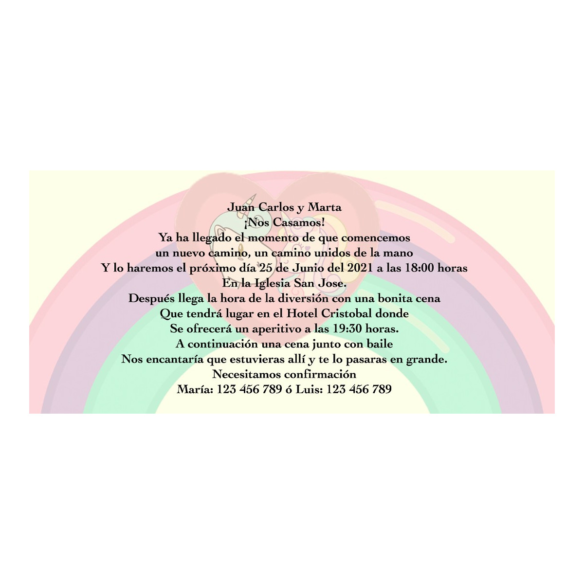 Convite do unicórnio do arco íris personalizado para casamentos