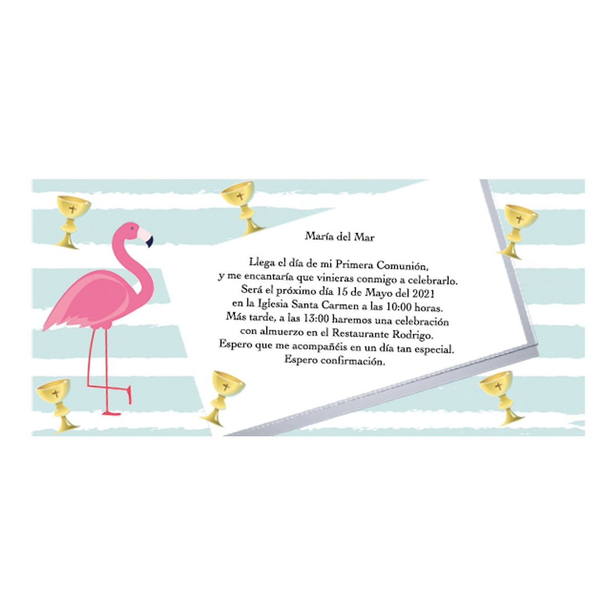 Convite de flamingo personalizado para comunhão