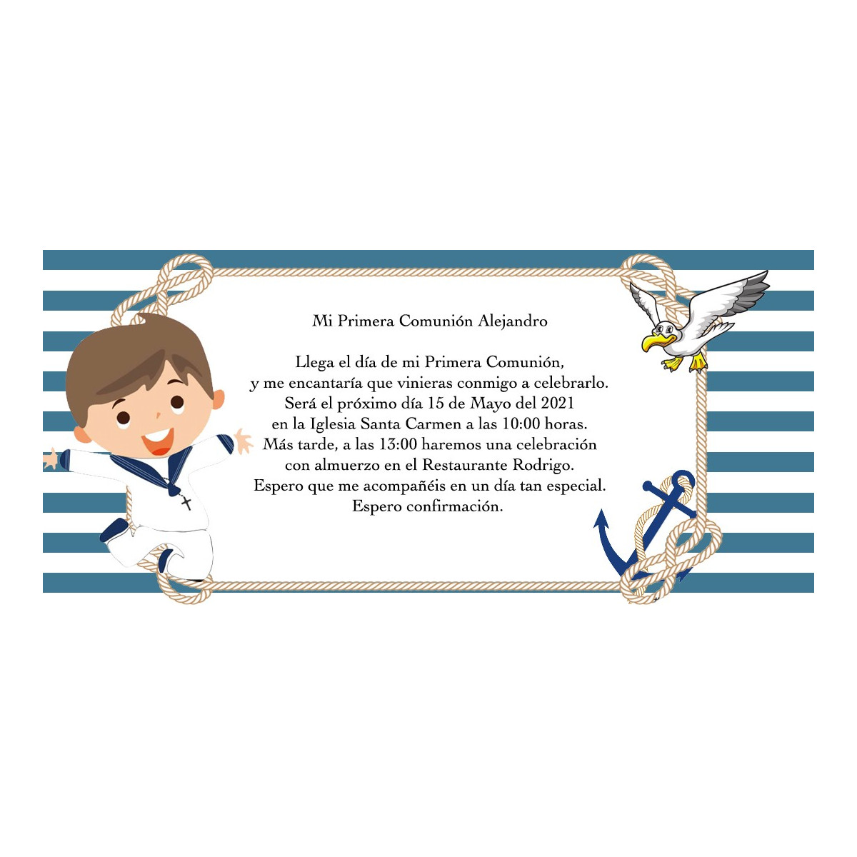Convite personalizado para comunhão de menino marinheiro