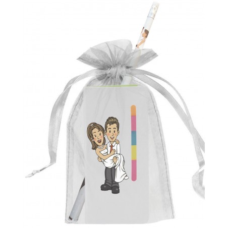 caderno bolsa com post colorido apresentado com adesivo casamento texto personalizado