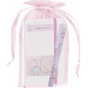 Caderno de elefante personalizado com caneta e bolsa de organza batizado