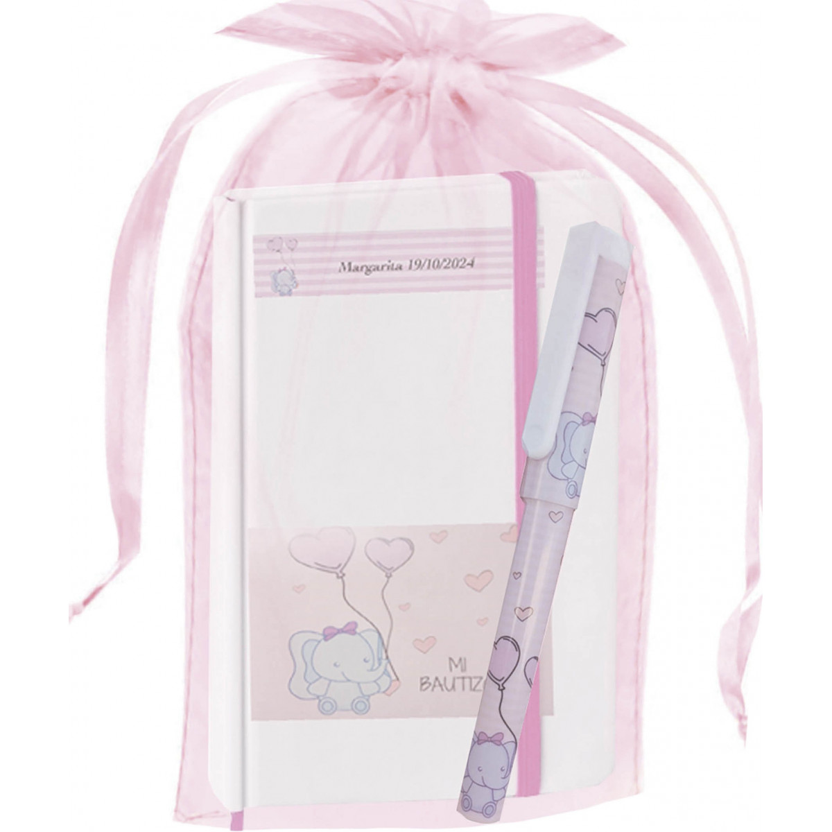 Caderno de elefante personalizado com saco de batizado de caneta e organza