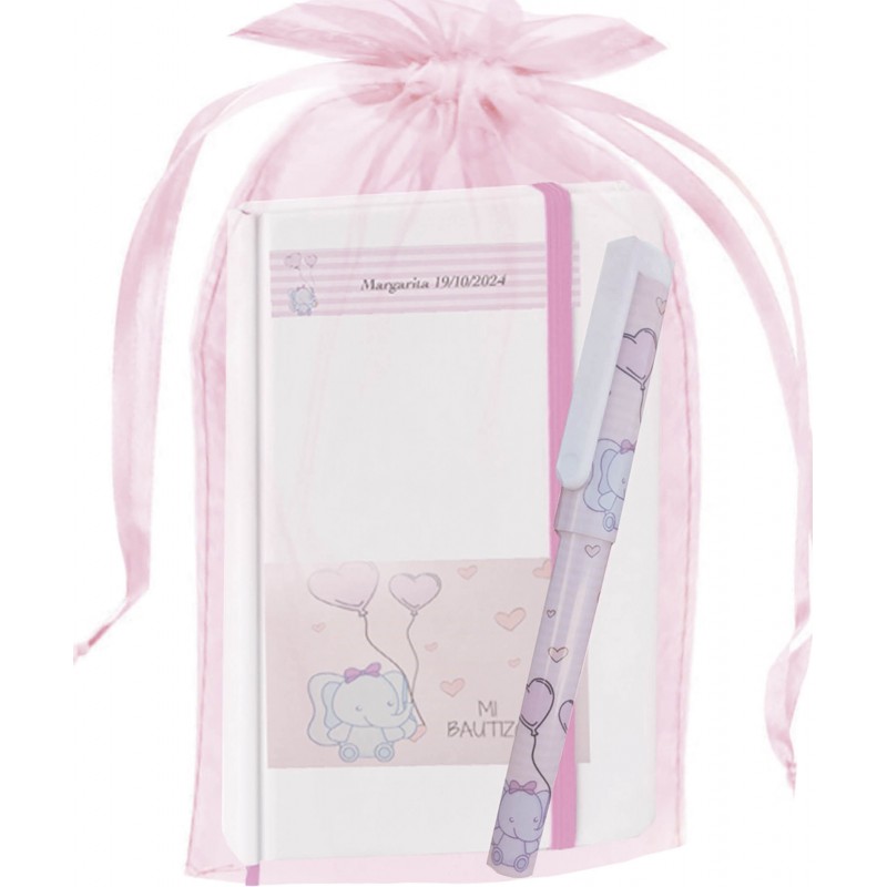 Caderno de elefante personalizado com caneta e bolsa de organza batizado