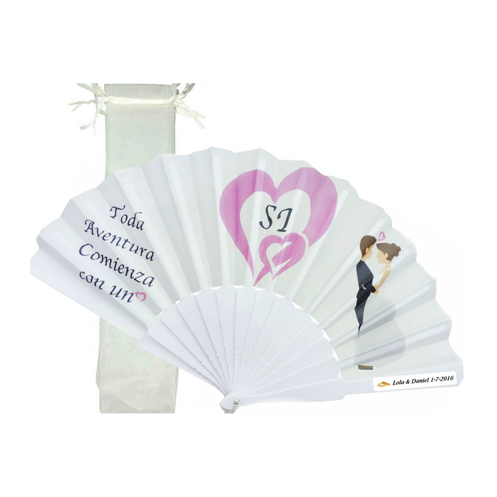 Leque elegante para casamentos personalizado com bolsa de organza