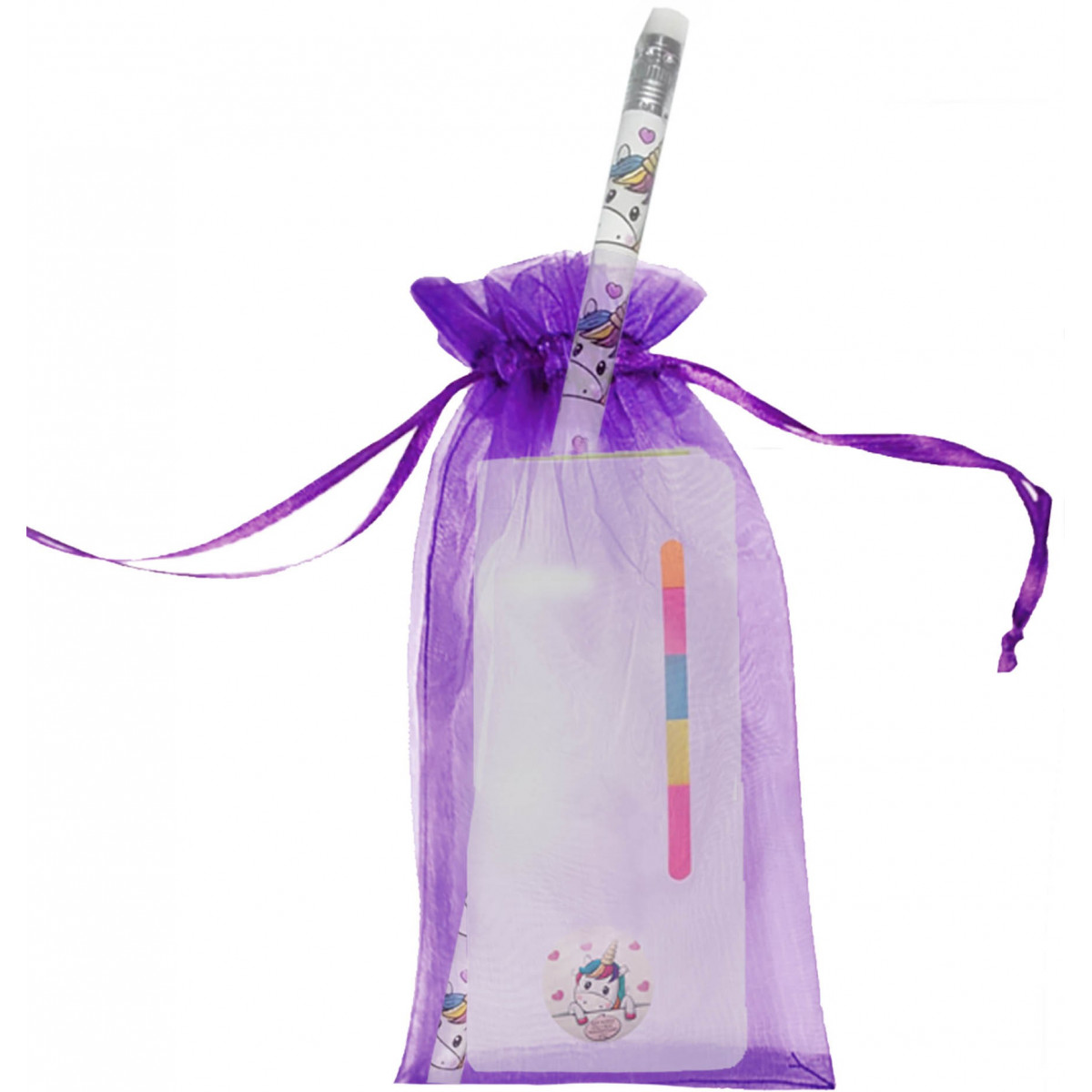 Caderno post-it unicórnio e lápis em bolsa de organza