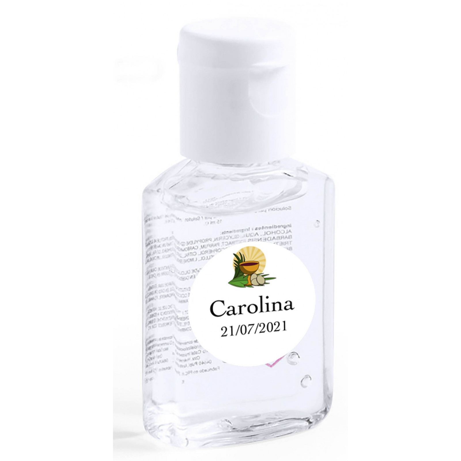 Gel hidroalcoólico personalizado com adesivo de comunhão
