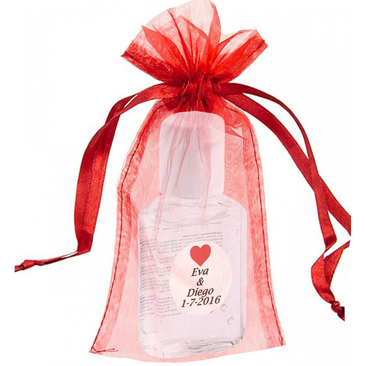 Gel hidroalcoólico com adesivo personalizado, apresentado em saquinho de organza