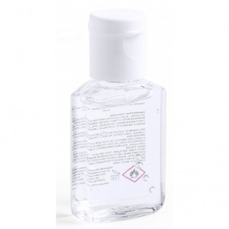 Gel hidroalcoólico com adesivo personalizado, apresentado em saquinho de organza