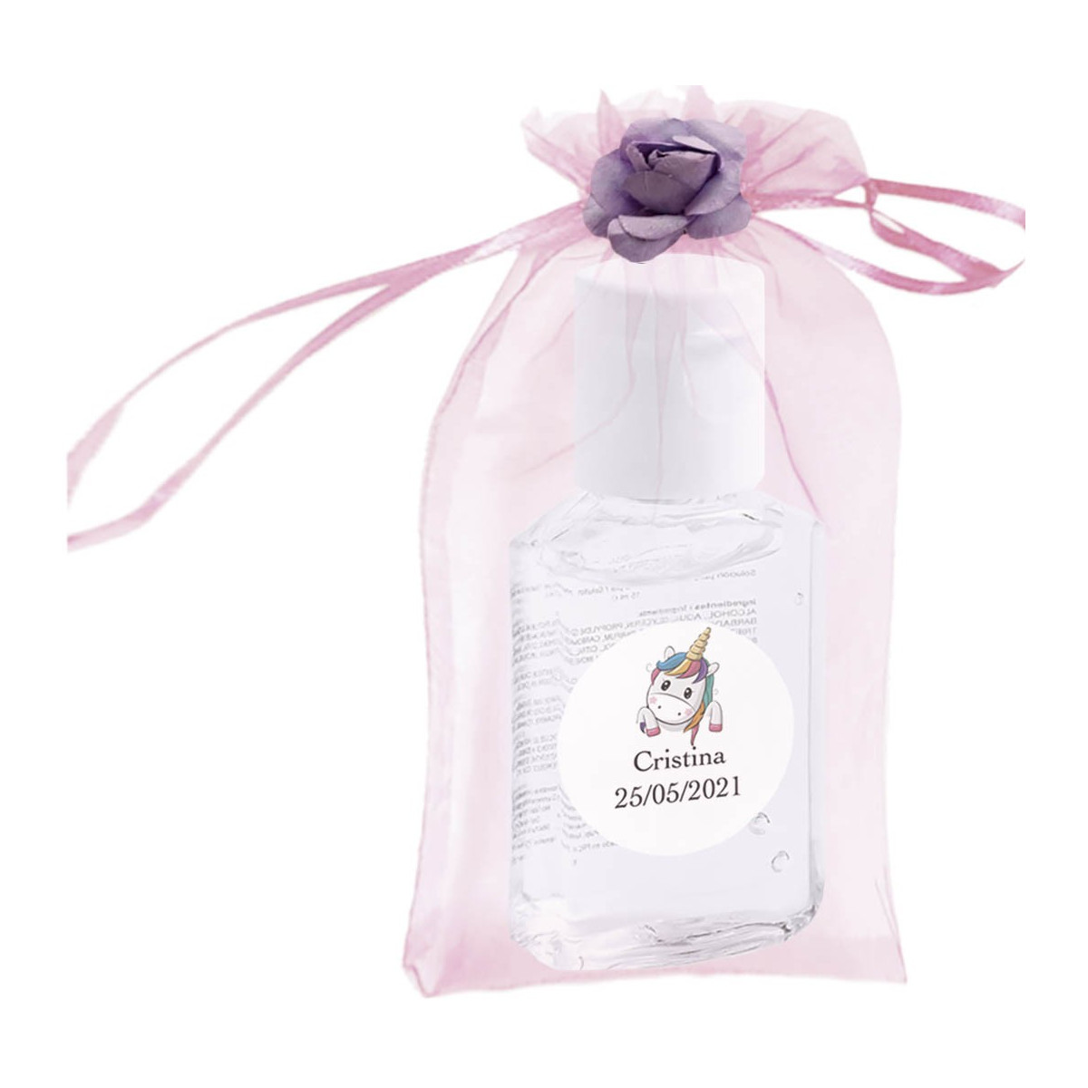 Gel hidroalcoólico em bolsa com flor e adesivo personalizado com nome e data