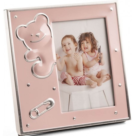 Detalhes da moldura de foto de batizado rosa