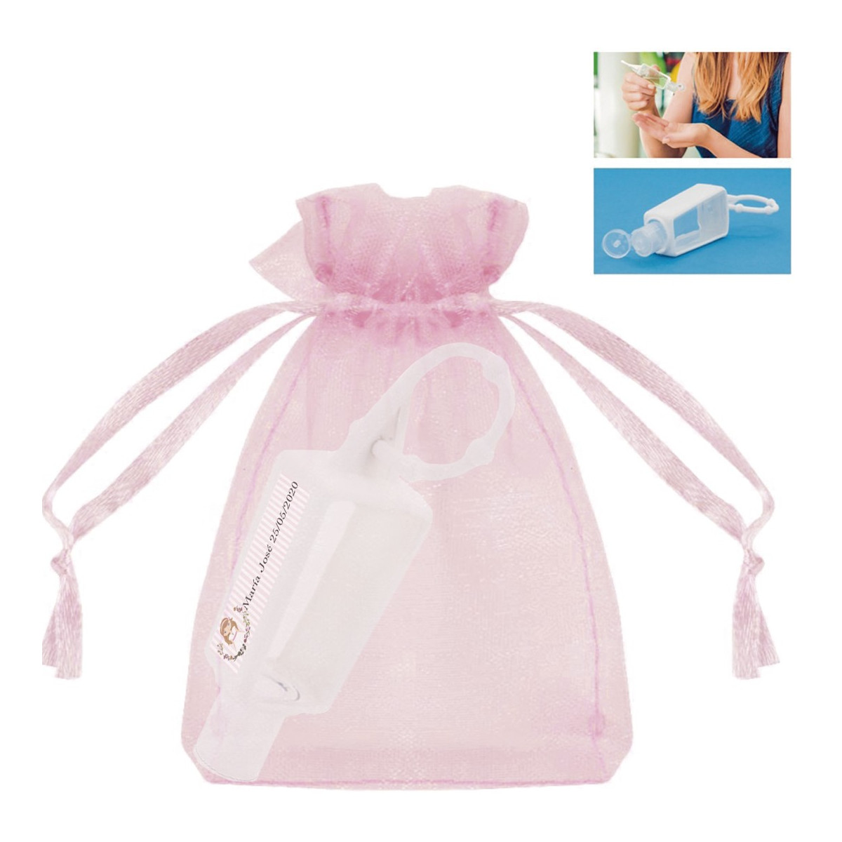 Frasco de gel hidroalcoólico recarregável com bolsa de organza para comunhão de menina personalizada
