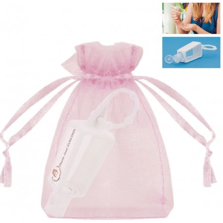 Frasco de gel hidroalcoólico recarregável com bolsa de organza para comunhão de menina personalizada