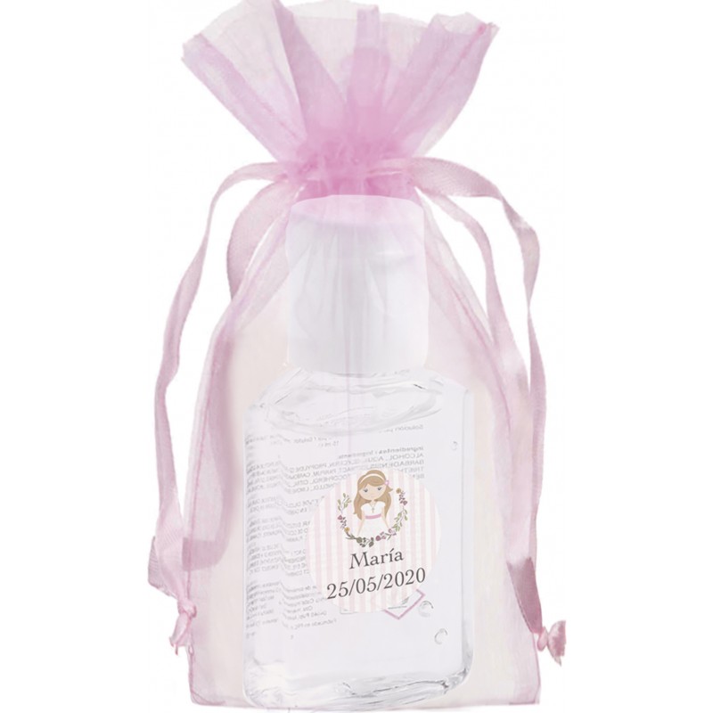 Gel hidroalcoólico personalizado com adesivo de comunhão em saquinho de organza