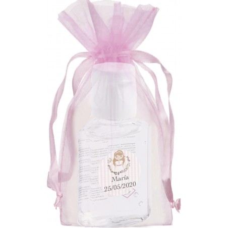 Gel hidroalcoólico personalizado com adesivo de comunhão em saquinho de organza