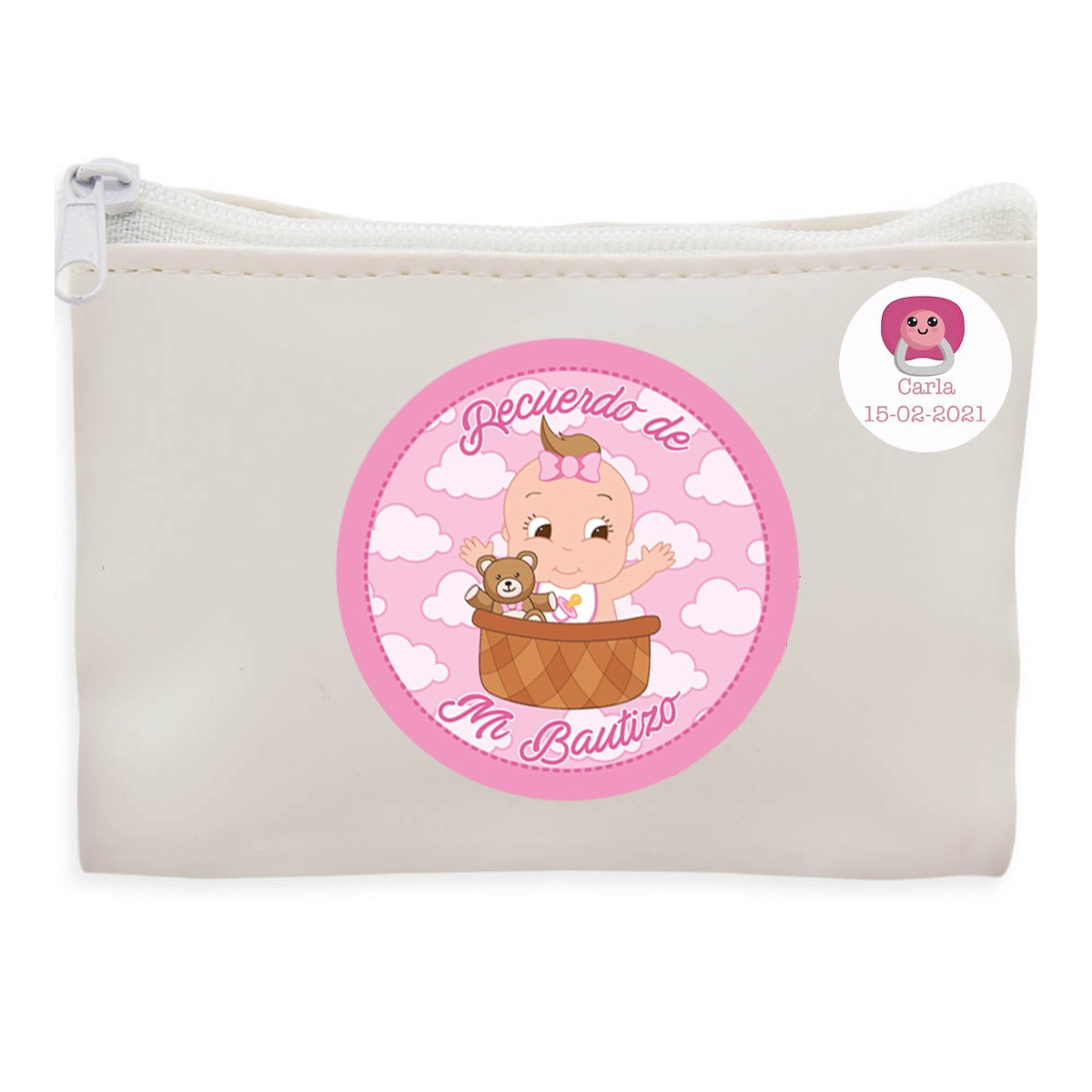 Bolsa branca com adesivos de batizado