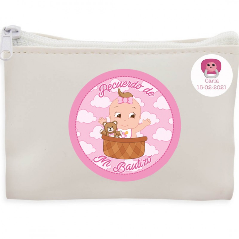 Bolsa branca com adesivos de batizado
