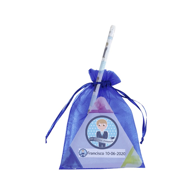 Marcador personalizado comunhão menino com lápis e bolsa de organza