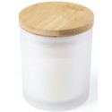 Vela perfumada de baunilha apresentada em jarra de vidro com tampa de bambu