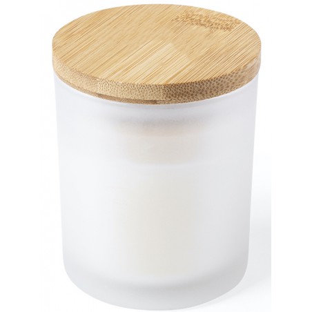 Vela perfumada de baunilha apresentada em jarra de vidro com tampa de bambu