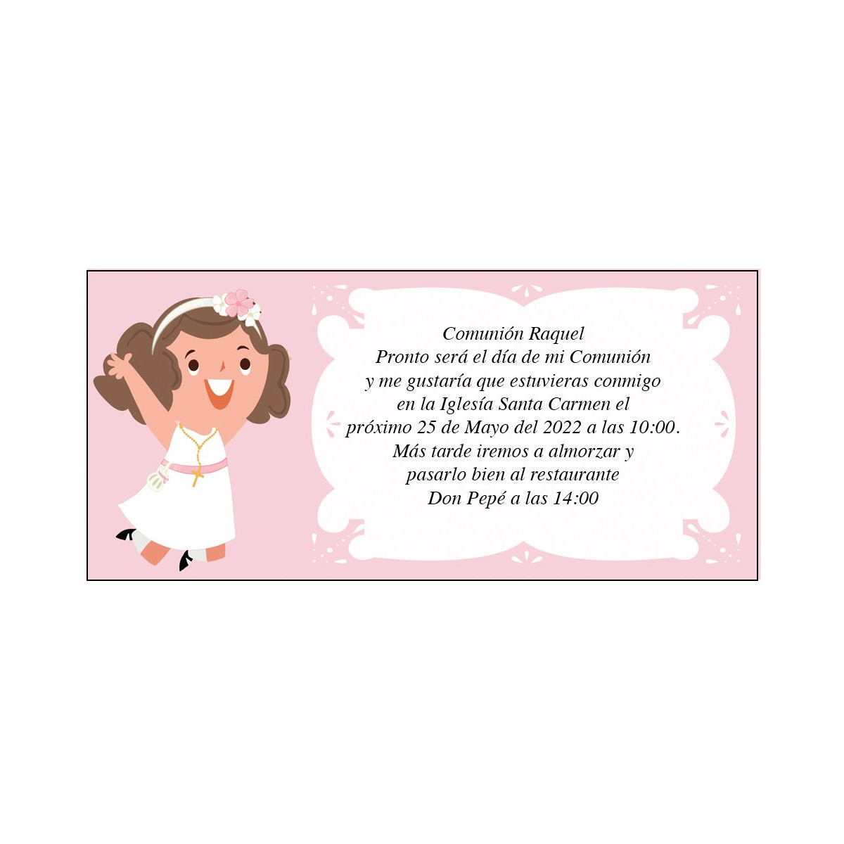 Convite de comunhão personalizado para menina Raquel