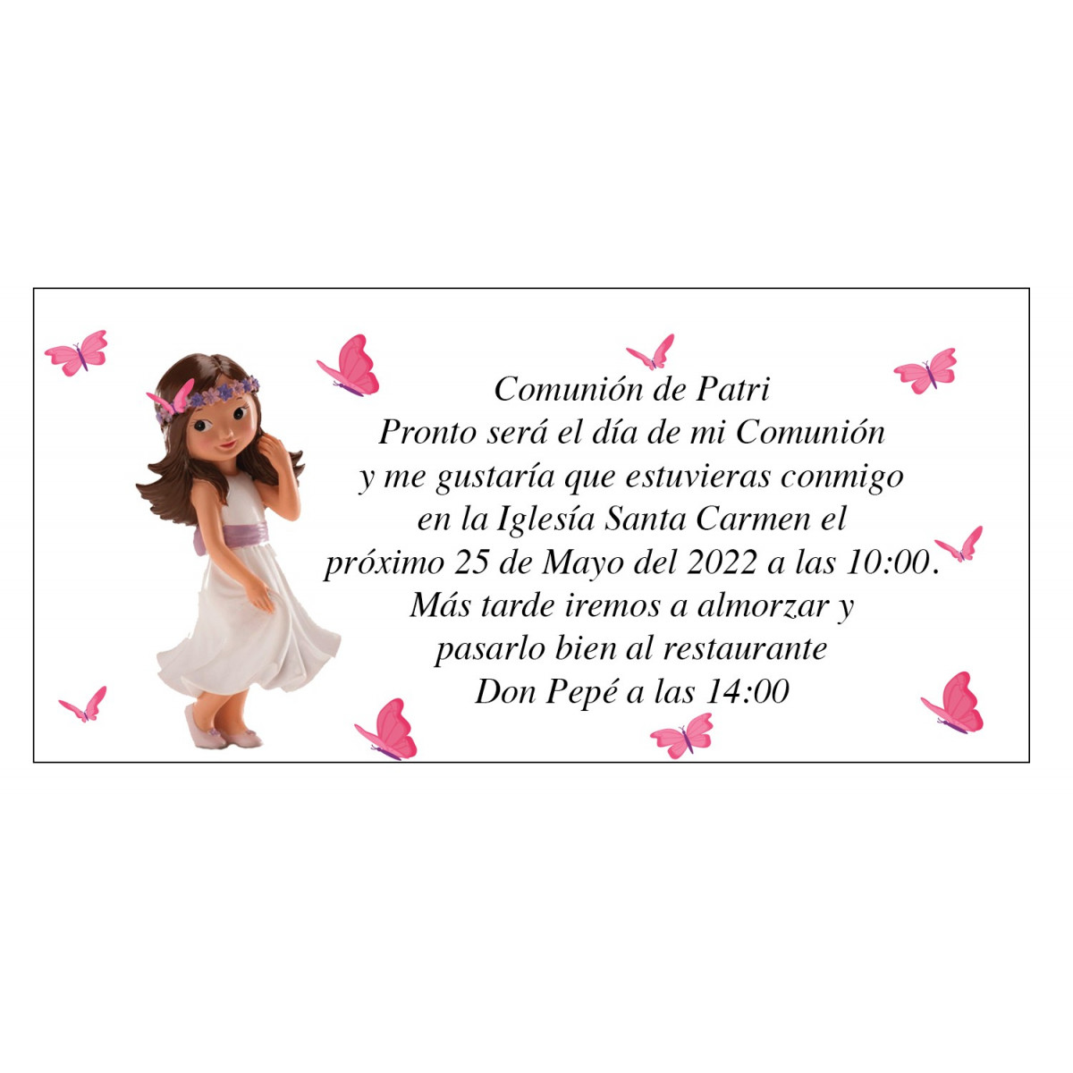 Convite de comunhão de menina Patri com borboletas