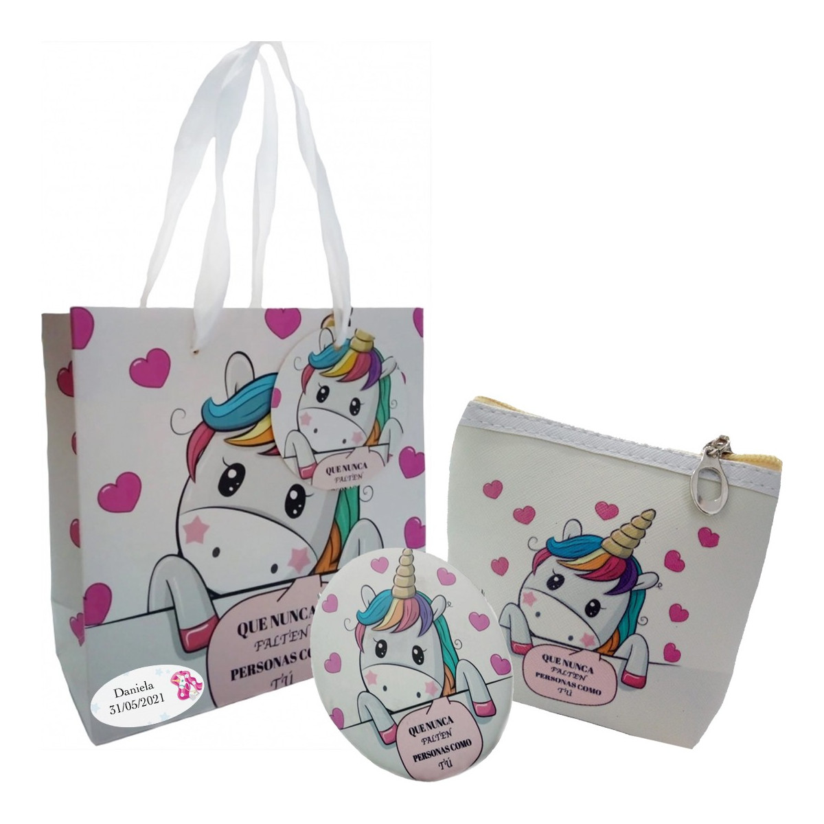 Conjunto de presente unicórnio com carteira e espelho personalizado
